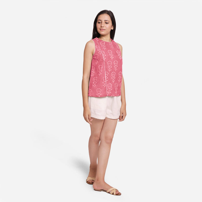 Right View of a Model wearing Pink Dabu Block Print Cotton Asymmetrical Slit Top
