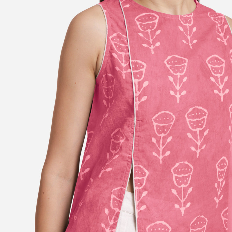 Front Detail of a Model wearing Pink Dabu Block Print Cotton Asymmetrical Slit Top