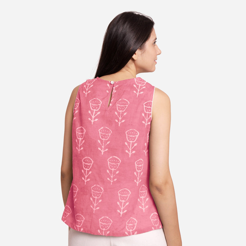 Back View of a Model wearing Pink Dabu Block Print Cotton Asymmetrical Slit Top
