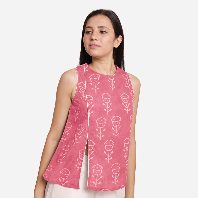 Front View of a Model wearing Pink Dabu Block Print Cotton Asymmetrical Slit Top