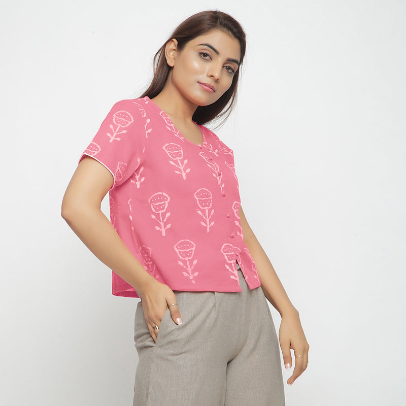 Right View of a Model wearing Pink Dabu Floral Block Print Button-Down Cotton Top