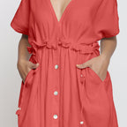 Front Detail of a Model wearing Pink Deep Neck Bohemian Frilled Dress