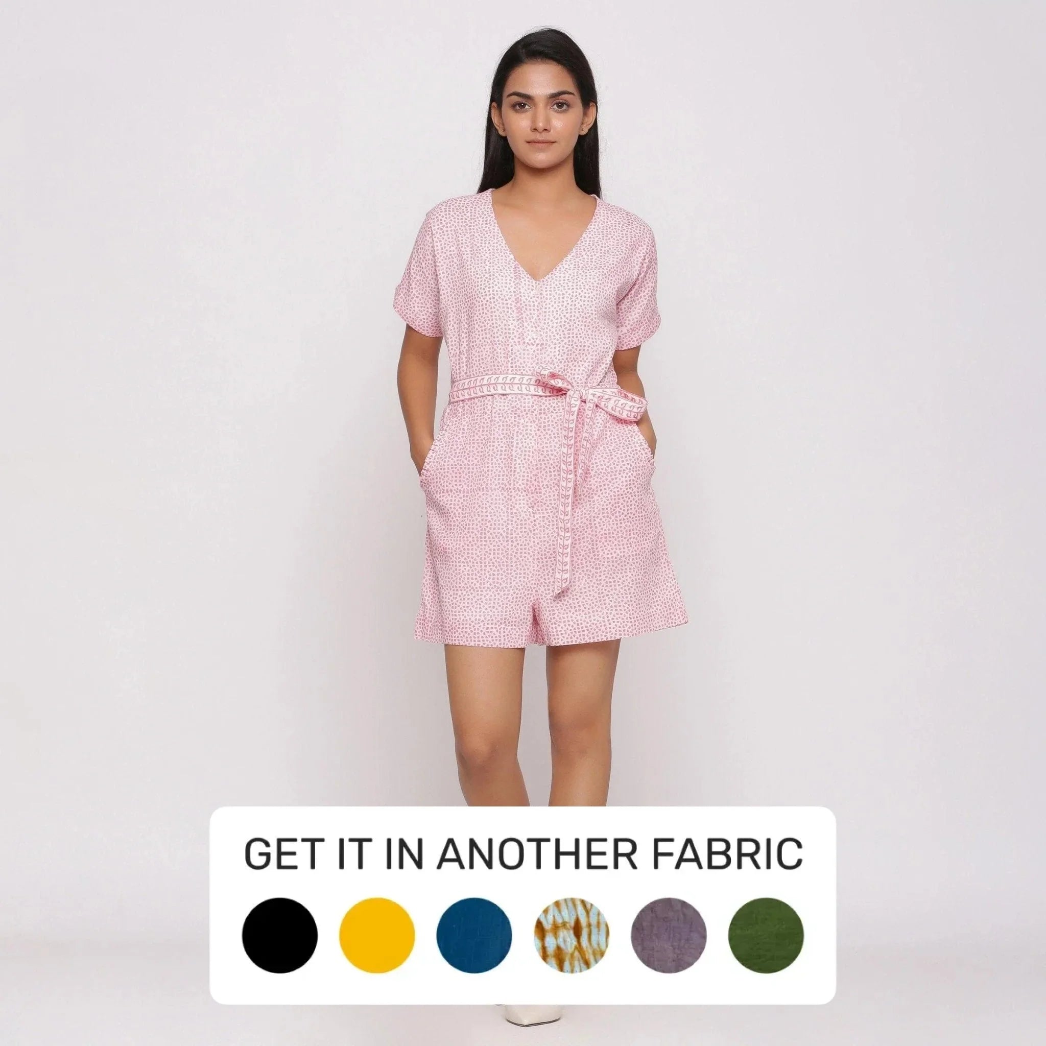 Front View of a Model wearing Pink Ditsy Block Print Cotton Short Romper