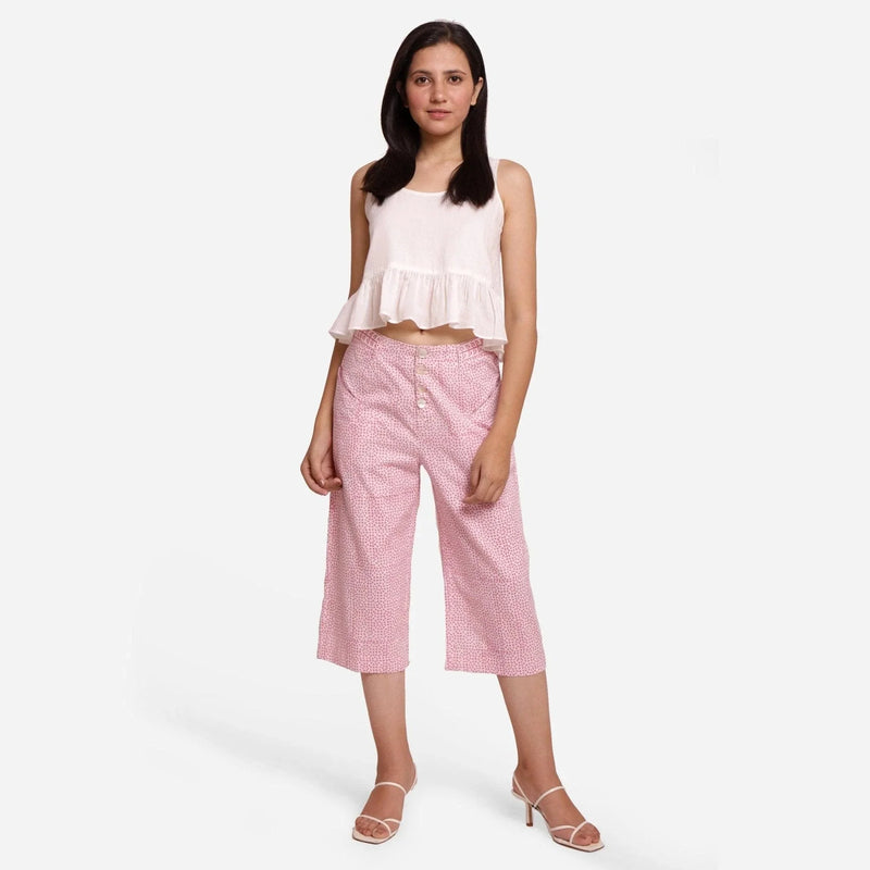 Front View of a Model wearing Pink Ditsy Block Printed Cotton Culottes