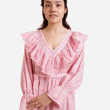 Front Detail of a Model wearing Pink Sanganeri Block Print A-Line Dress