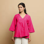 Pink Embroidered Cotton Poplin Asymmetrical Godet Top