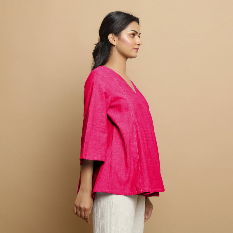 Pink Embroidered Cotton Poplin Asymmetrical Godet Top