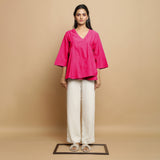 Pink Embroidered Cotton Poplin Asymmetrical Godet Top