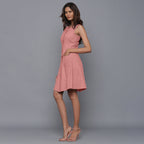 Left View of a Model wearing Pink Flannel Button-Down Dress