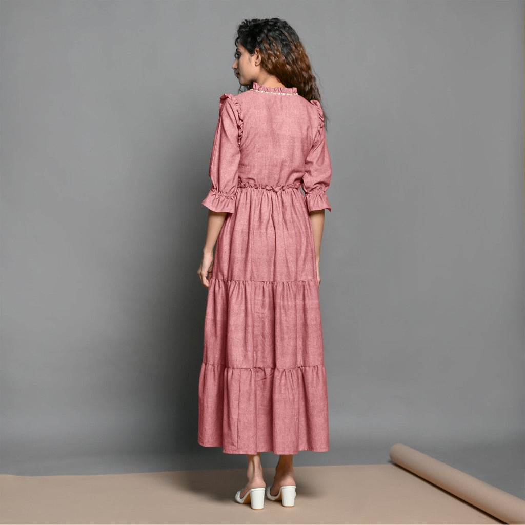 Pink Hand-Beaded Cotton Flax Boho Maxi Dress