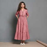 Pink Hand-Beaded Cotton Flax Boho Maxi Dress
