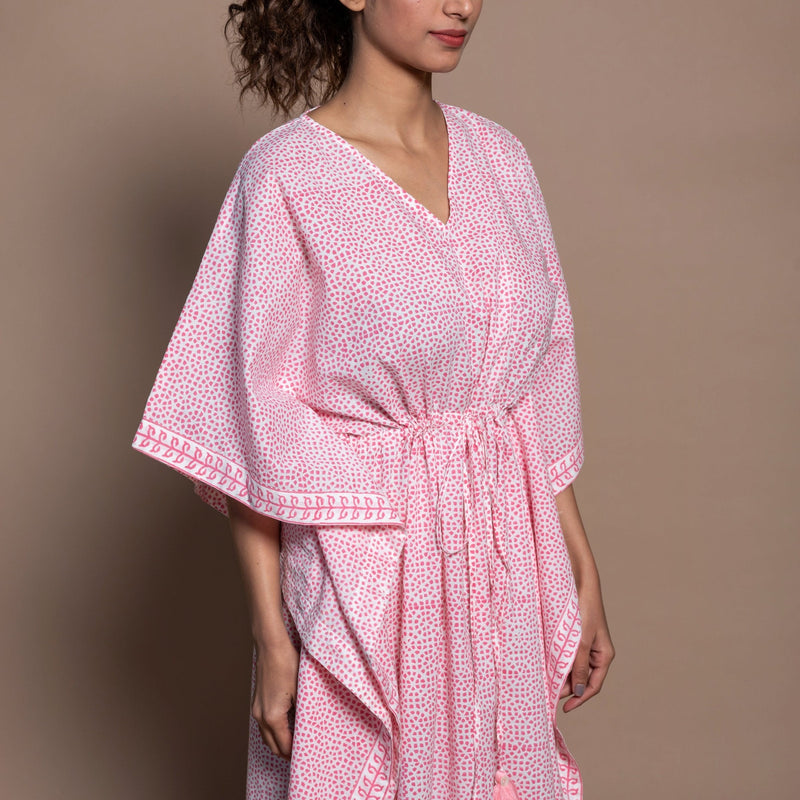 Front Detail of a Model wearing Pink Hand Block Printed Cotton Midi Kaftan Dress