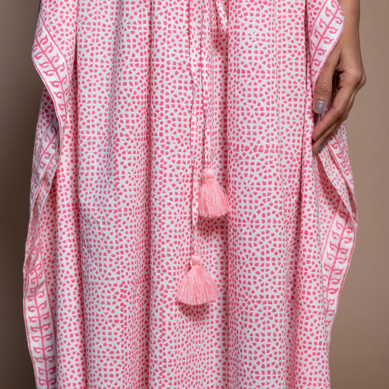 Close View of a Model wearing Pink Hand Block Printed Cotton Midi Kaftan Dress