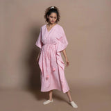 Front View of a Model wearing Pink Hand Block Printed Cotton Midi Kaftan Dress