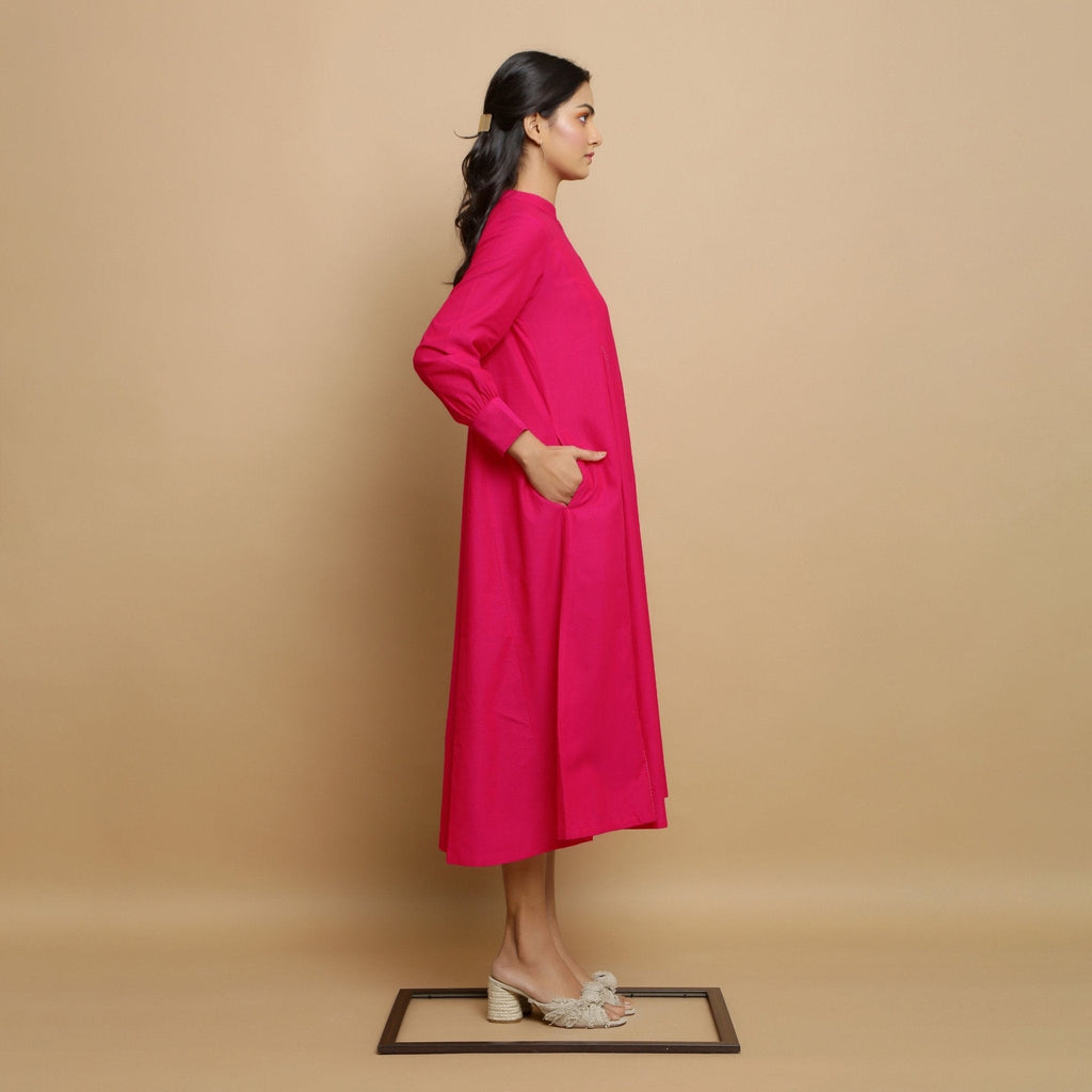 Pink Hand-Embroidered Cotton Poplin Paneled Midi Dress