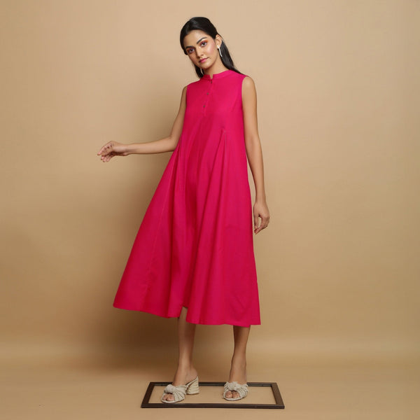 Pink Hand-Embroidered Cotton Poplin Sleeveless Midi Dress