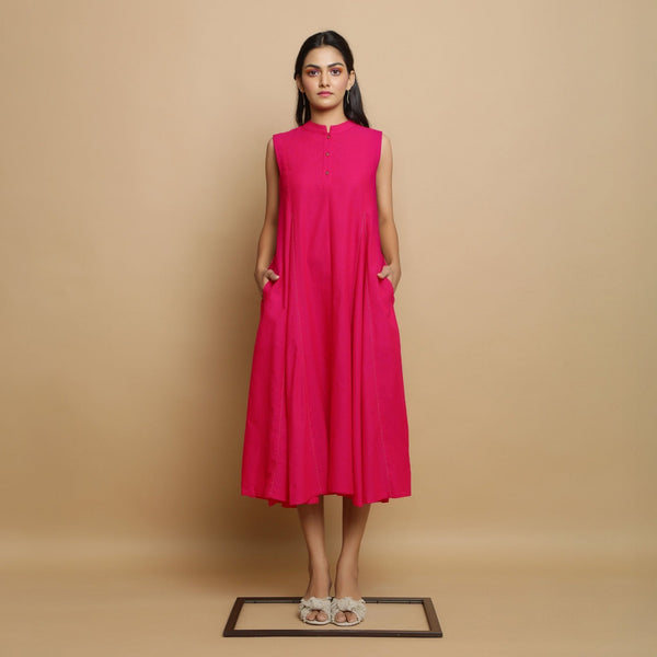 Pink Hand-Embroidered Cotton Poplin Sleeveless Midi Dress