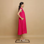 Pink Hand-Embroidered Cotton Poplin Sleeveless Midi Dress