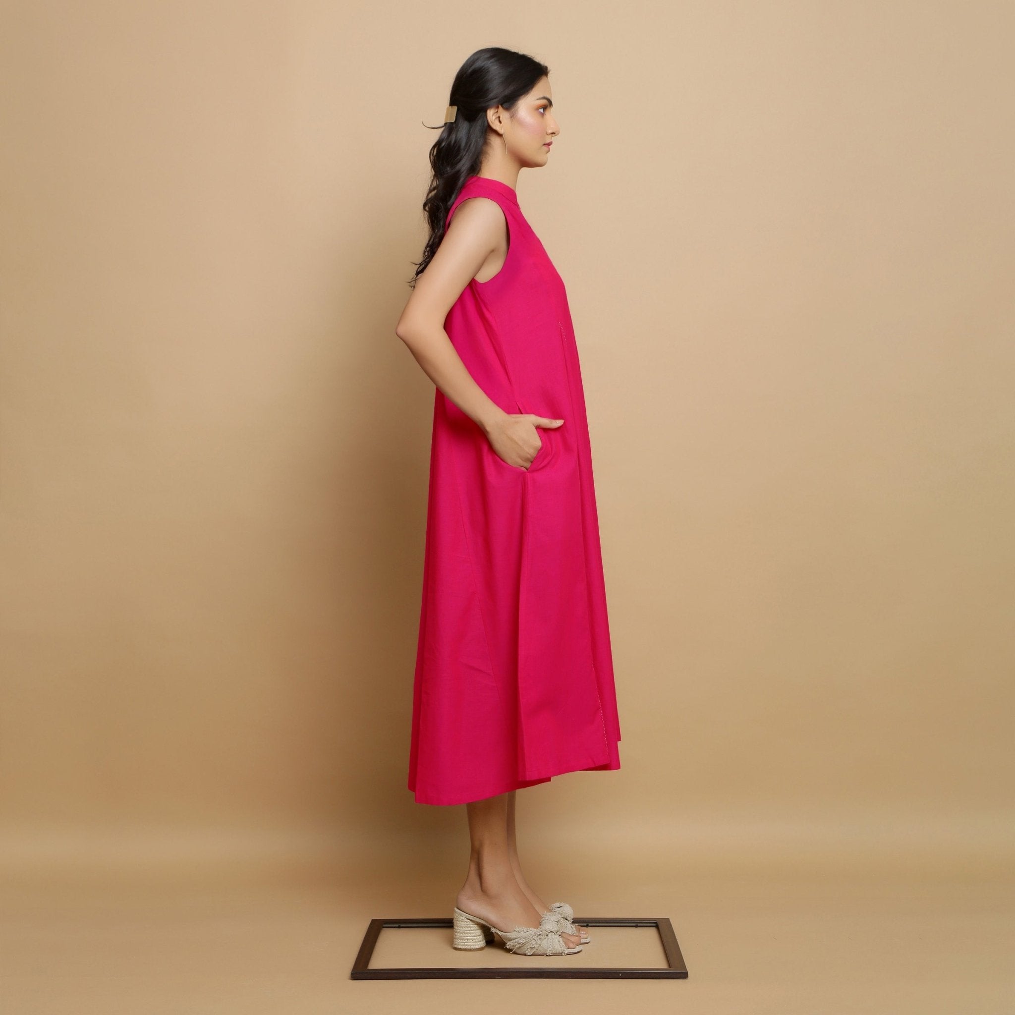 Pink Hand-Embroidered Cotton Poplin Sleeveless Midi Dress