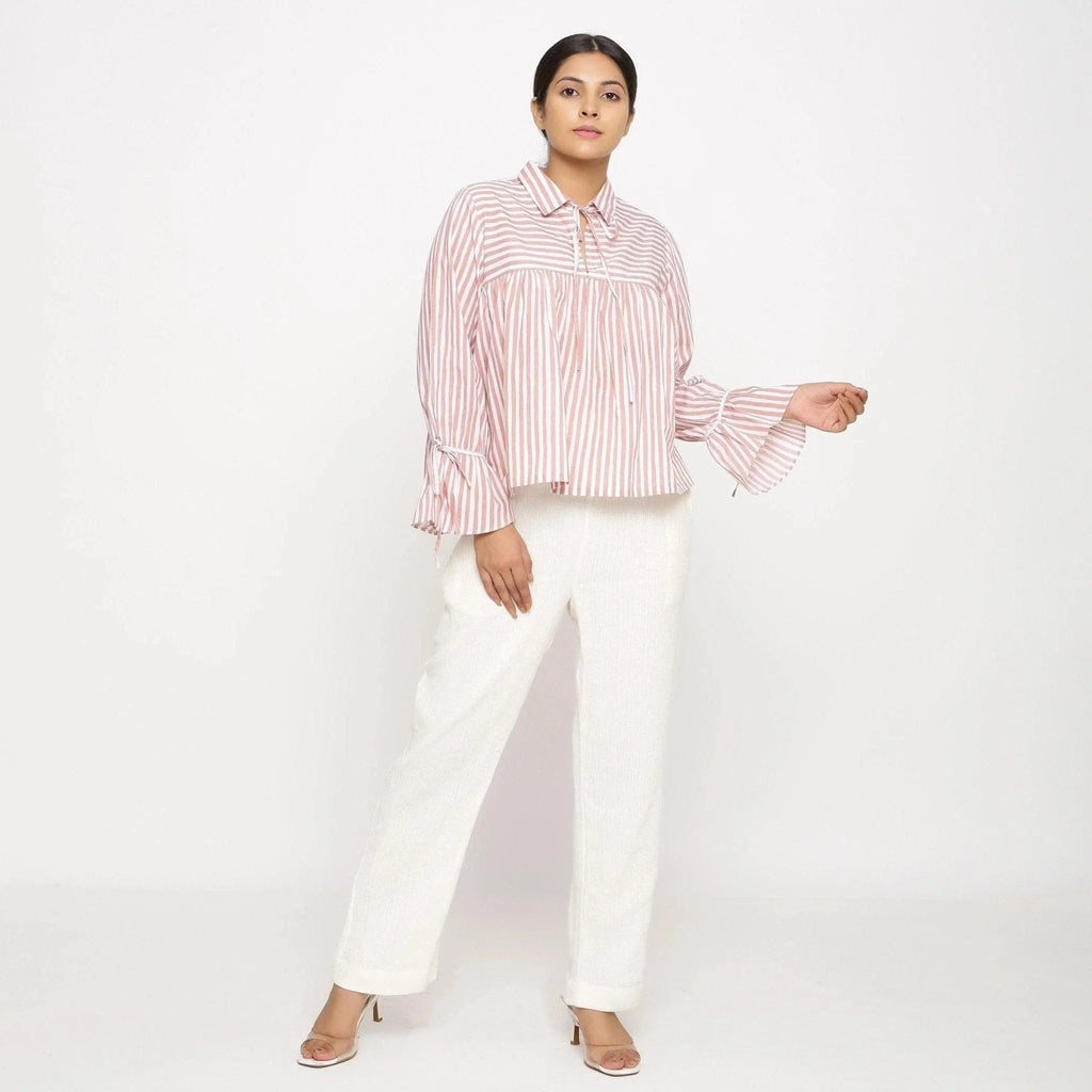 Front View of a Model wearing Hand Screen Printed Gathered Top
