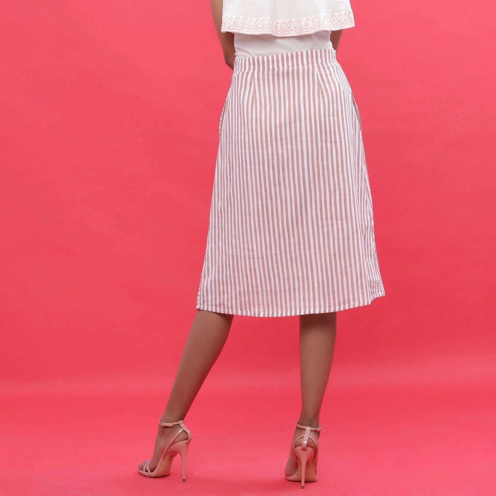 Back View of a Model wearing Pink Hand Screen Printed A-Line Skirt