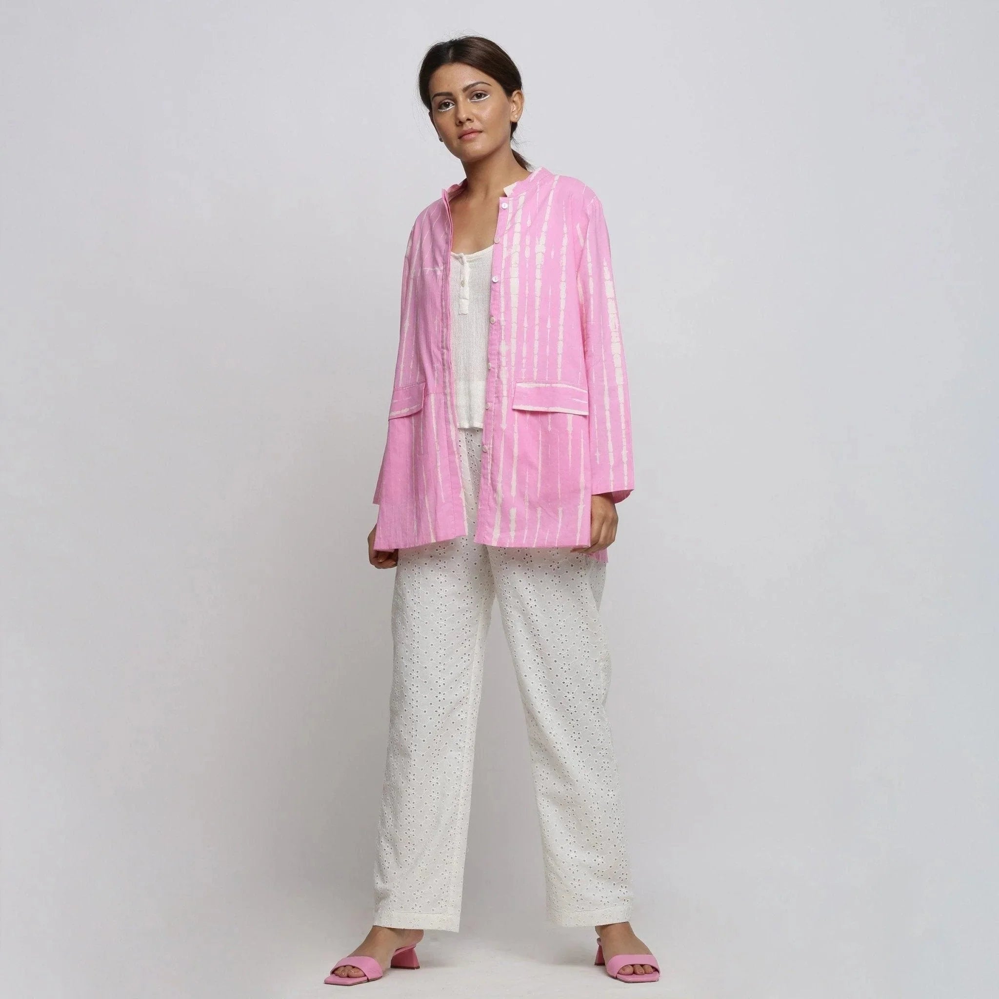 Front View of a Model wearing Pink Hand Tie-Dye Cotton Button-Down Jacket