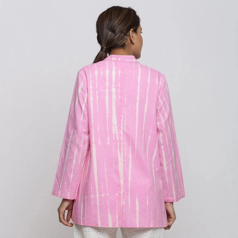 Back View of a Model wearing Pink Hand Tie-Dye Cotton Button-Down Jacket