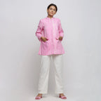 Front View of a Model wearing Pink Hand Tie-Dye Cotton Button-Down Jacket