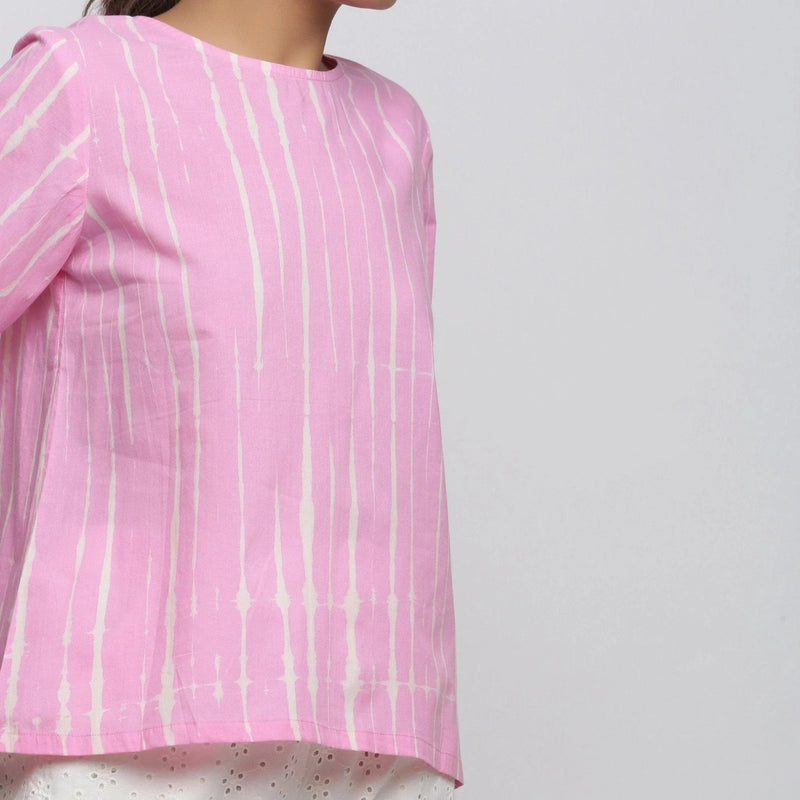 Front Detail of a Model wearing Pink Hand Tie-Dye Cotton Round Neck A-Line Top