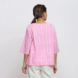 Back View of a Model wearing Pink Hand Tie-Dye Cotton Round Neck A-Line Top