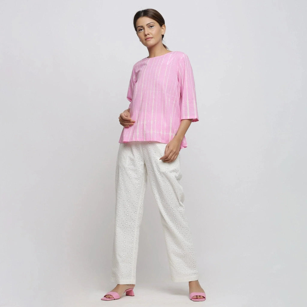 Front View of a Model wearing Pink Hand Tie-Dye Cotton Round Neck A-Line Top
