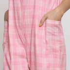 Close View of a Model wearing Pink Checks Handspun Cotton Strap Sleeve Midi Jumpsuit