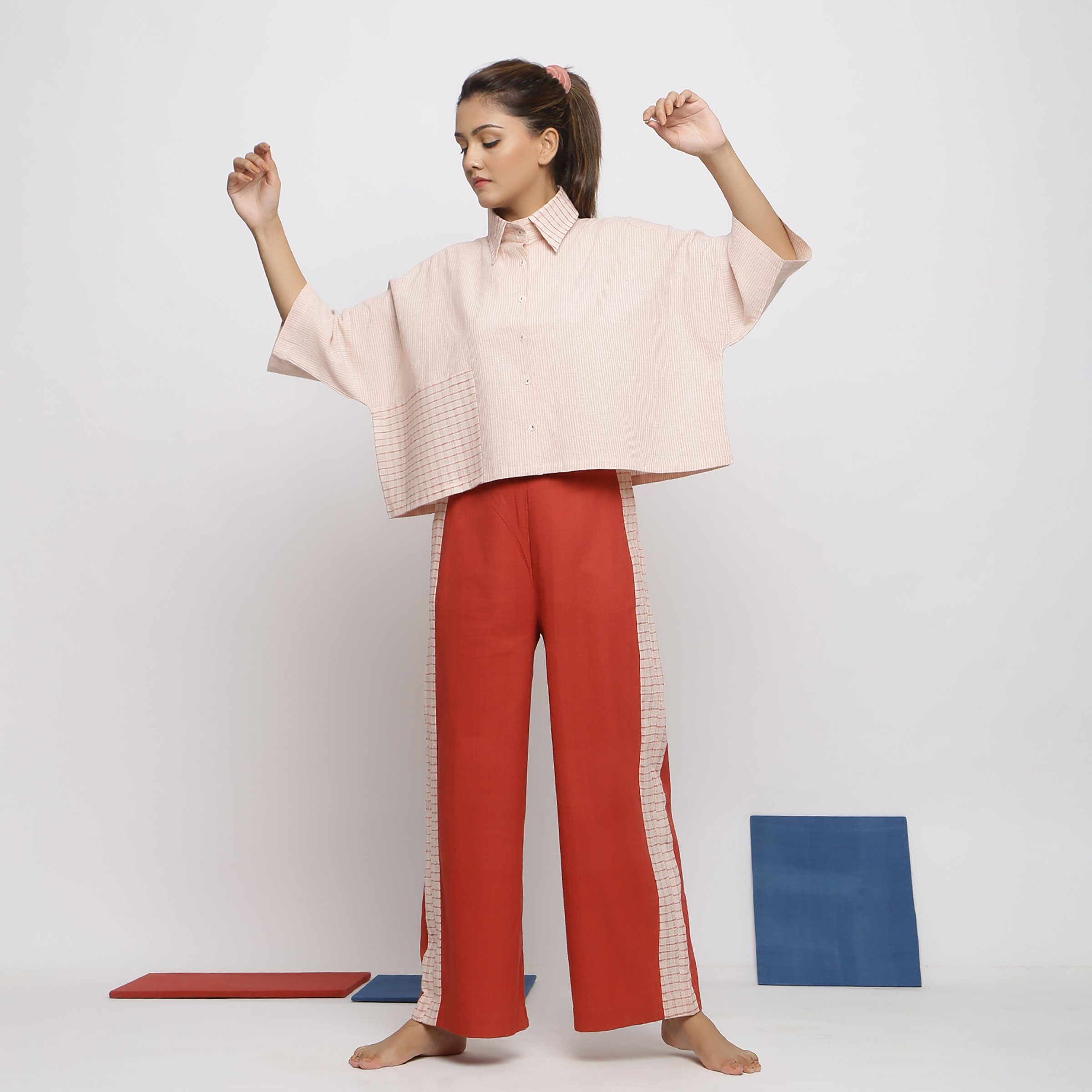 Front View of a Model wearing Pink Handspun Vegetable Dyed Crop Top