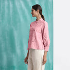 Pink Mirror Work Cotton Flax Blouse Top