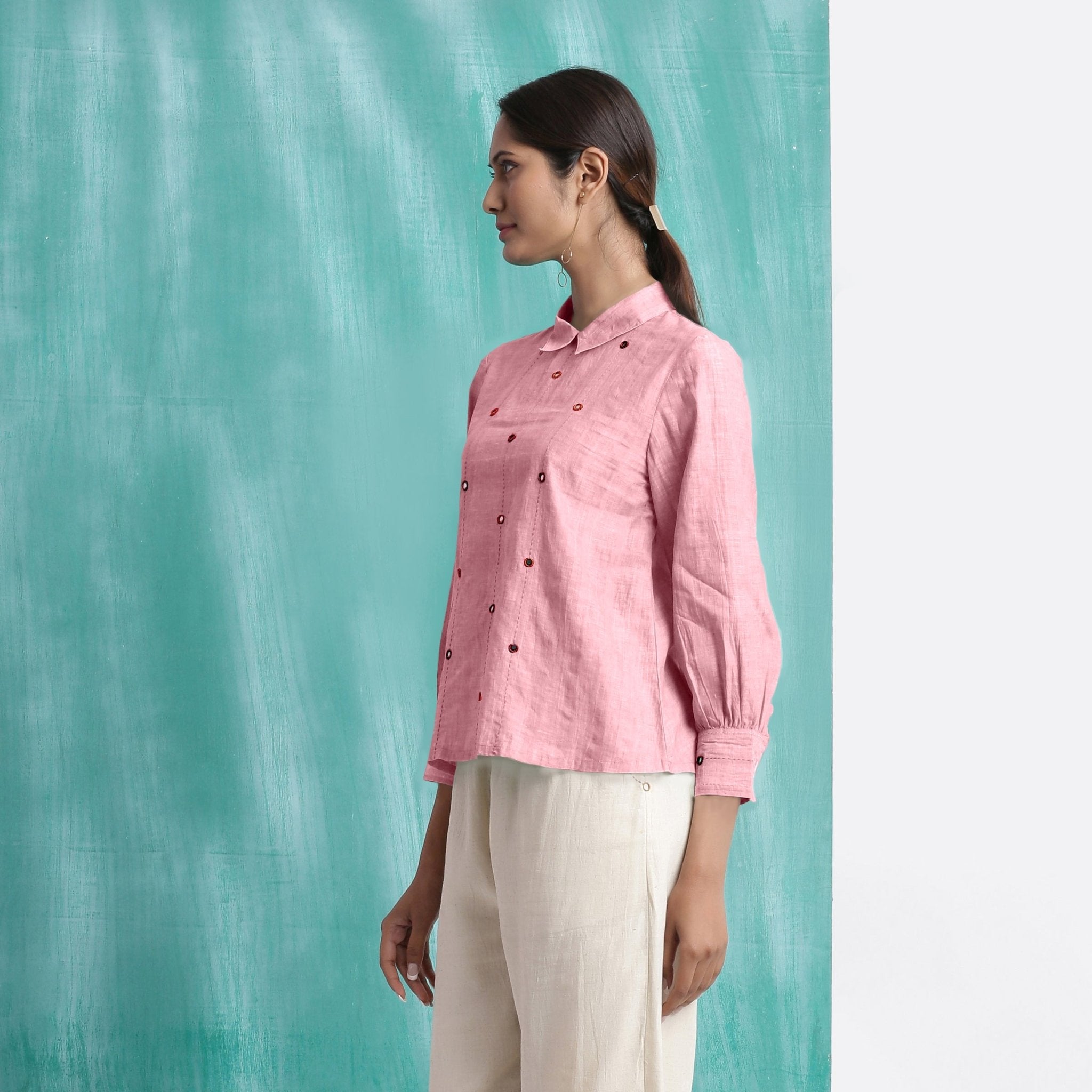 Pink Mirror Work Cotton Flax Blouse Top