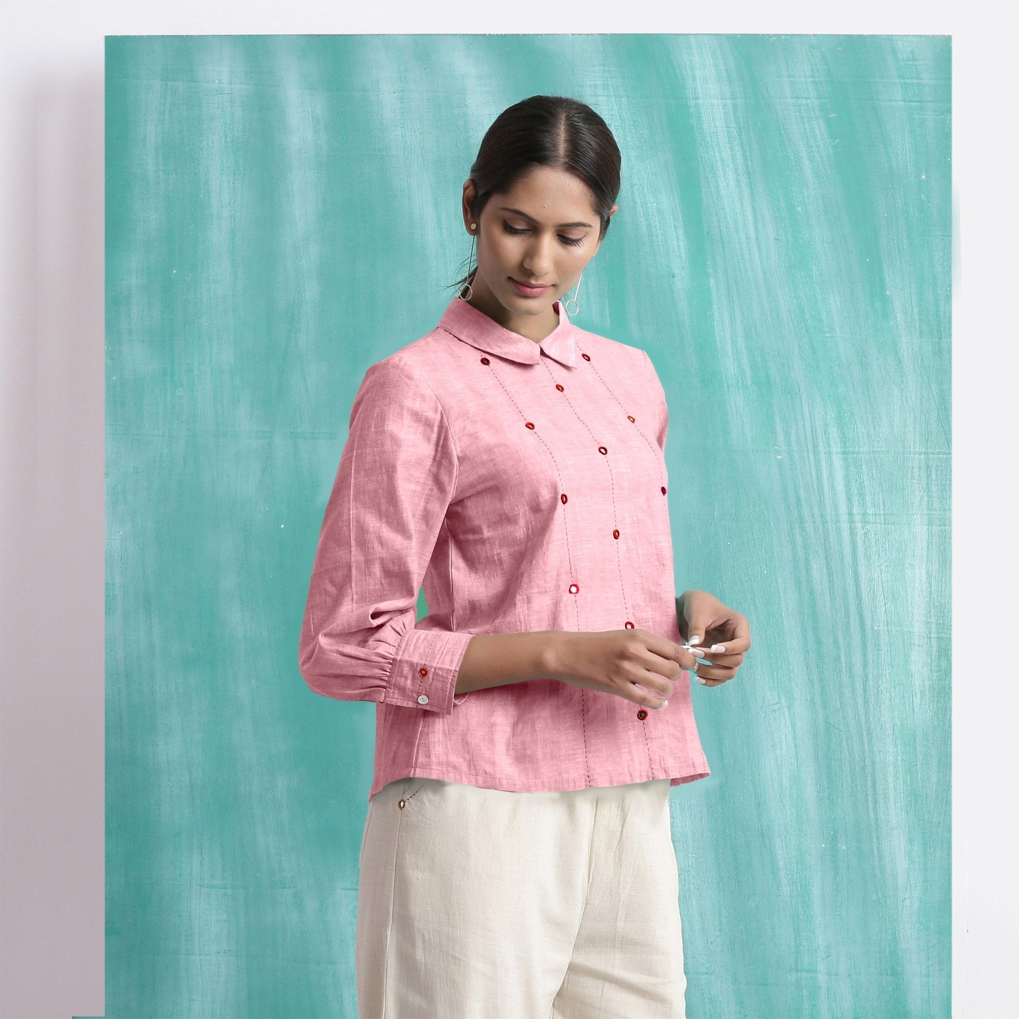 Pink Mirror Work Cotton Flax Blouse Top