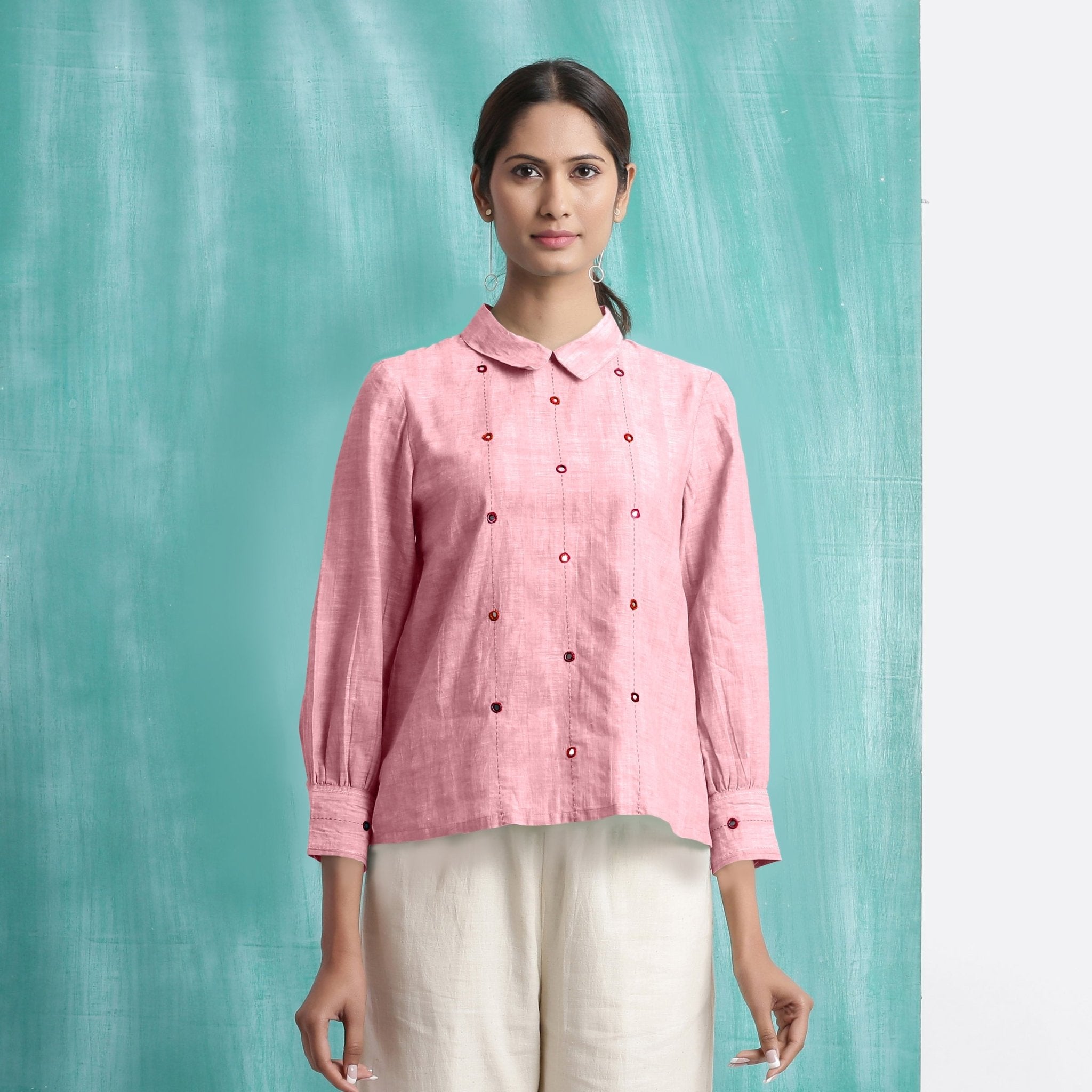 Pink Mirror Work Cotton Flax Blouse Top