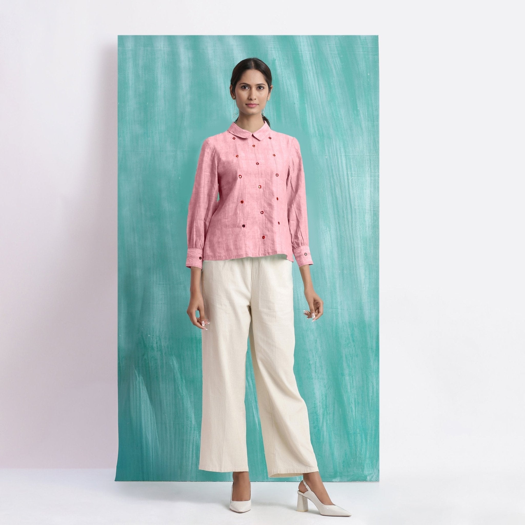 Pink Mirror Work Cotton Flax Blouse Top