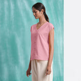 Pink Mirror Work Cotton Flax Drop Shoulder Top