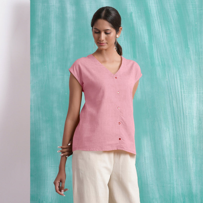 Pink Mirror Work Cotton Flax Drop Shoulder Top