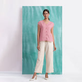 Pink Mirror Work Cotton Flax Drop Shoulder Top
