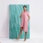 Pink Mirror Work Cotton Flax Knee Length Asymmetrical Dress