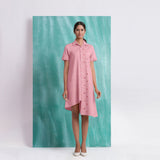 Pink Mirror Work Cotton Flax Knee Length Asymmetrical Dress