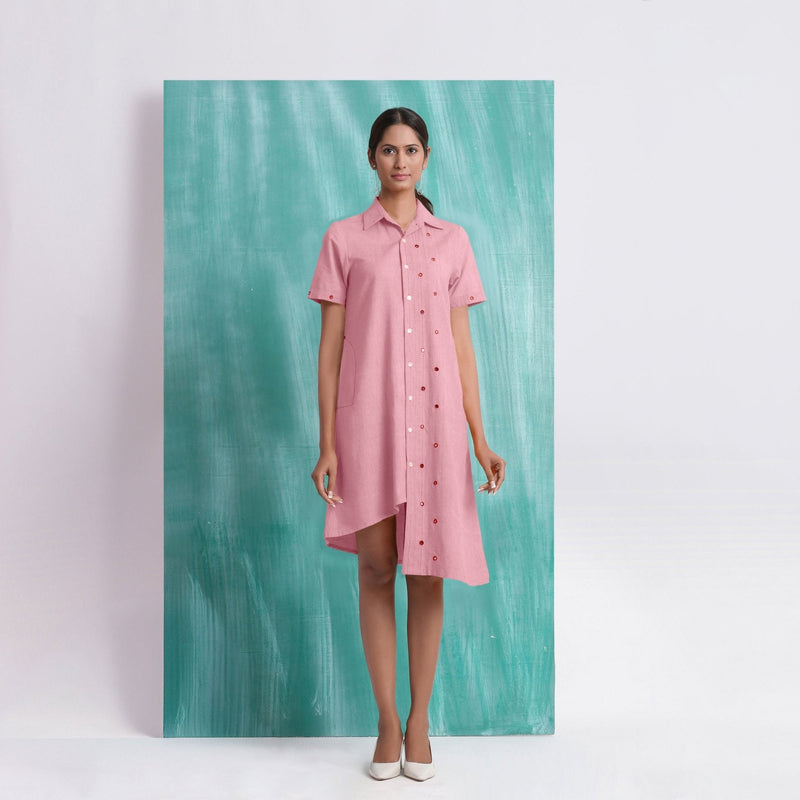Pink Mirror Work Cotton Flax Knee Length Asymmetrical Dress