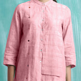 Pink Mirror Work Cotton Flax Mandarin Collar Top
