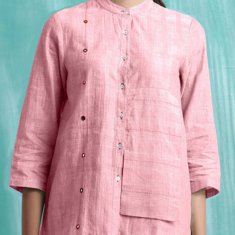 Pink Mirror Work Cotton Flax Mandarin Collar Top