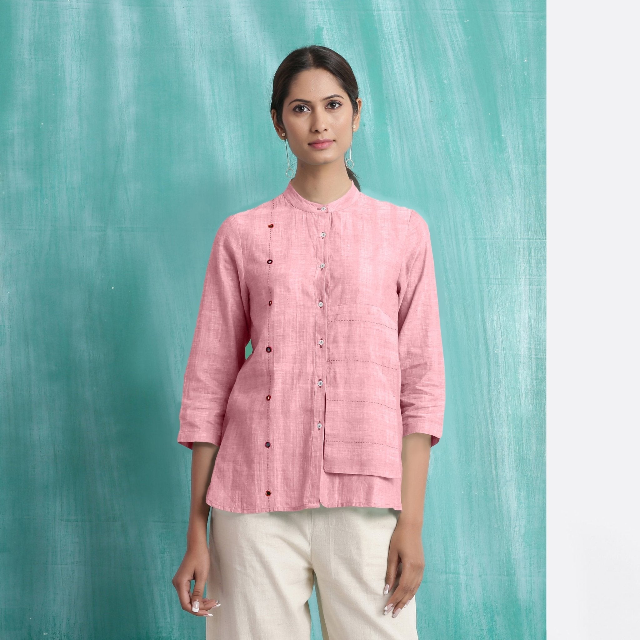 Pink Mirror Work Cotton Flax Mandarin Collar Top