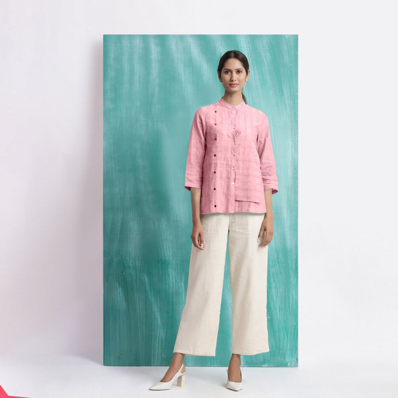 Pink Mirror Work Cotton Flax Mandarin Collar Top