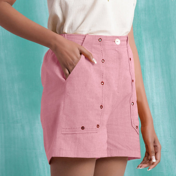 Pink Mirror Work Cotton Flax Mid-Rise Elasticated Shorts