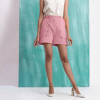 Pink Mirror Work Cotton Flax Mid-Rise Elasticated Shorts
